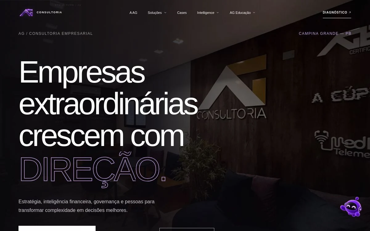 Home real da AG Consultoria com a apresentação Empresas extraordinárias crescem com direção.