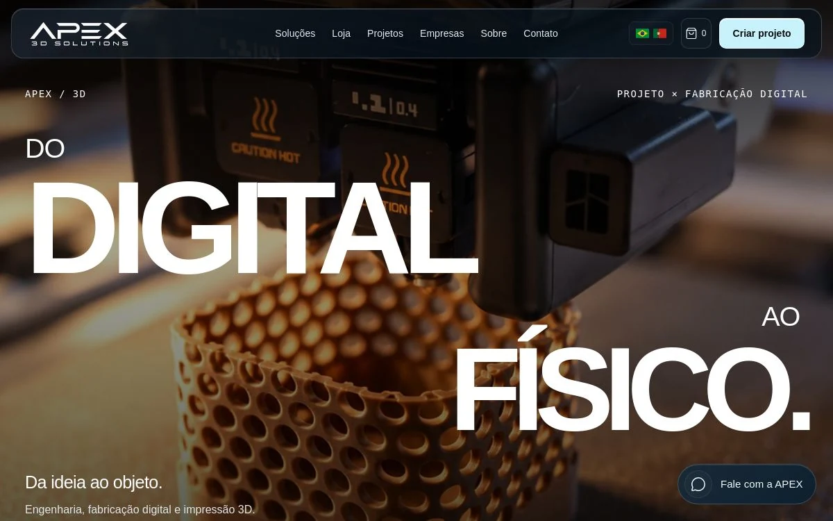 Home real da APEX 3D, com a abertura Do digital ao físico e fotografia de impressão 3D.