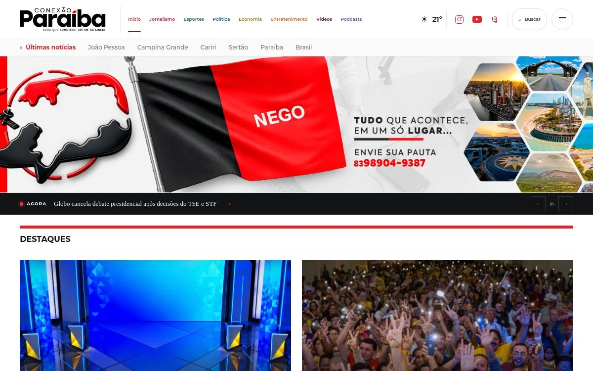 Página real do portal Conexão Paraíba, com navegação, publicidade e notícias em destaque.