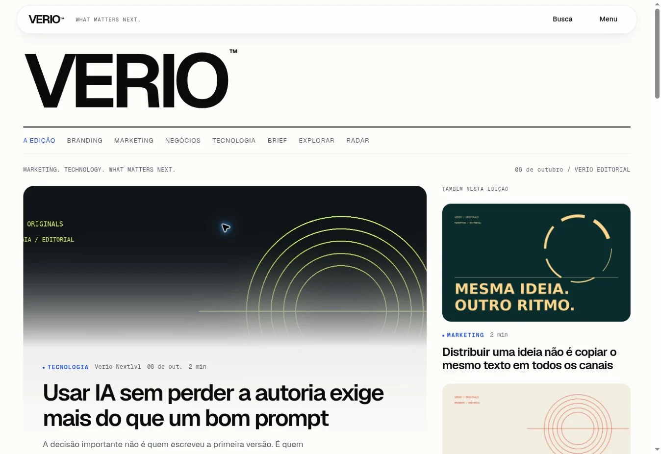 Interface real do VERIO, com história principal e seleção editorial.
